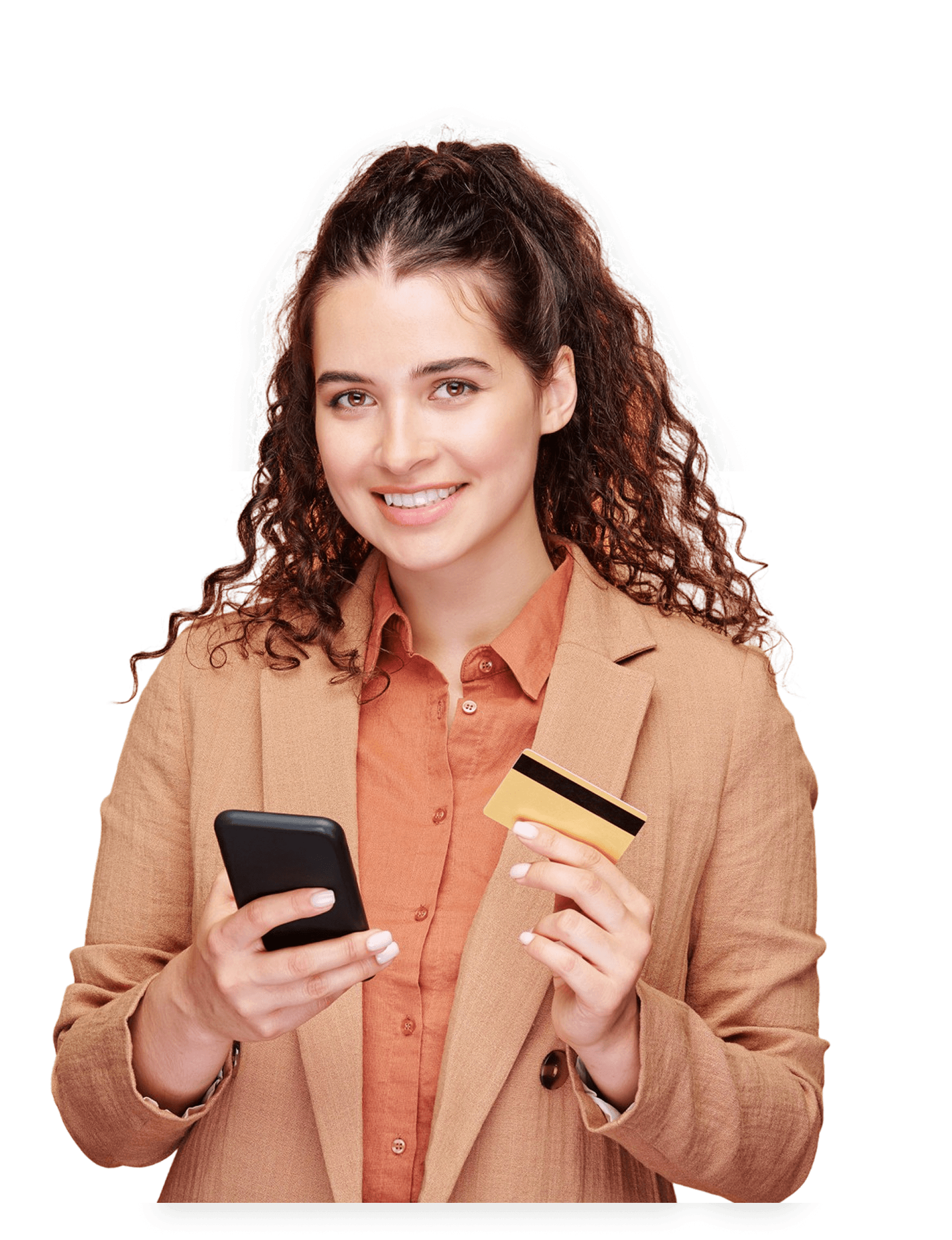 Smiling customer holding a smartphone and card